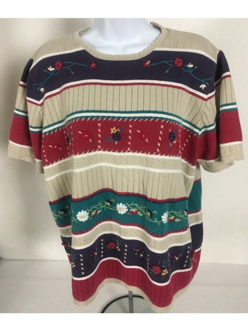 Alfred Dunner Sweater Size XL Blue Beige Red Green Stripe Flowers Short Sleeves